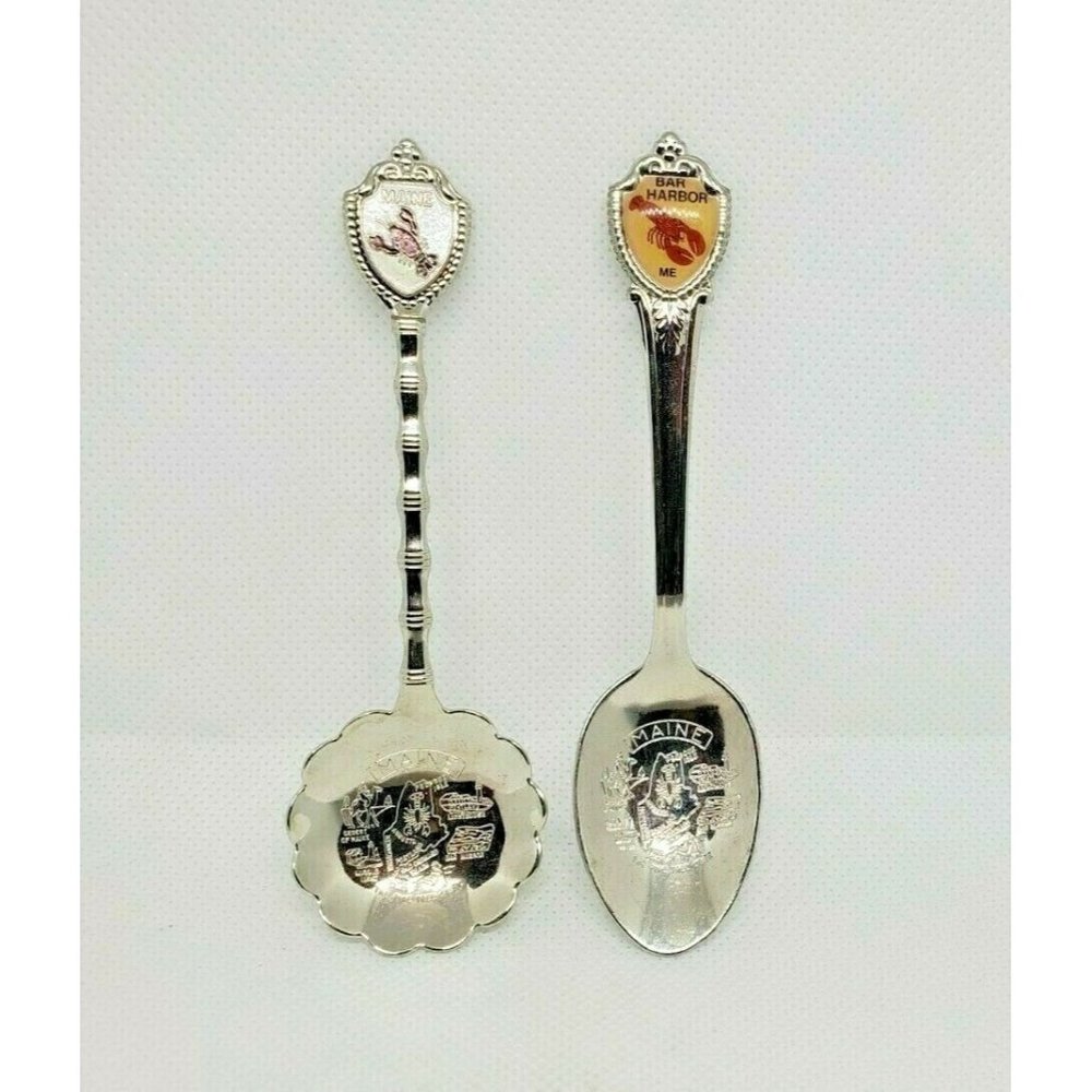 Lot Of 2 Bar Harbor Maine Lobster Embossed Graphic Silver Mini Spoon Collectible